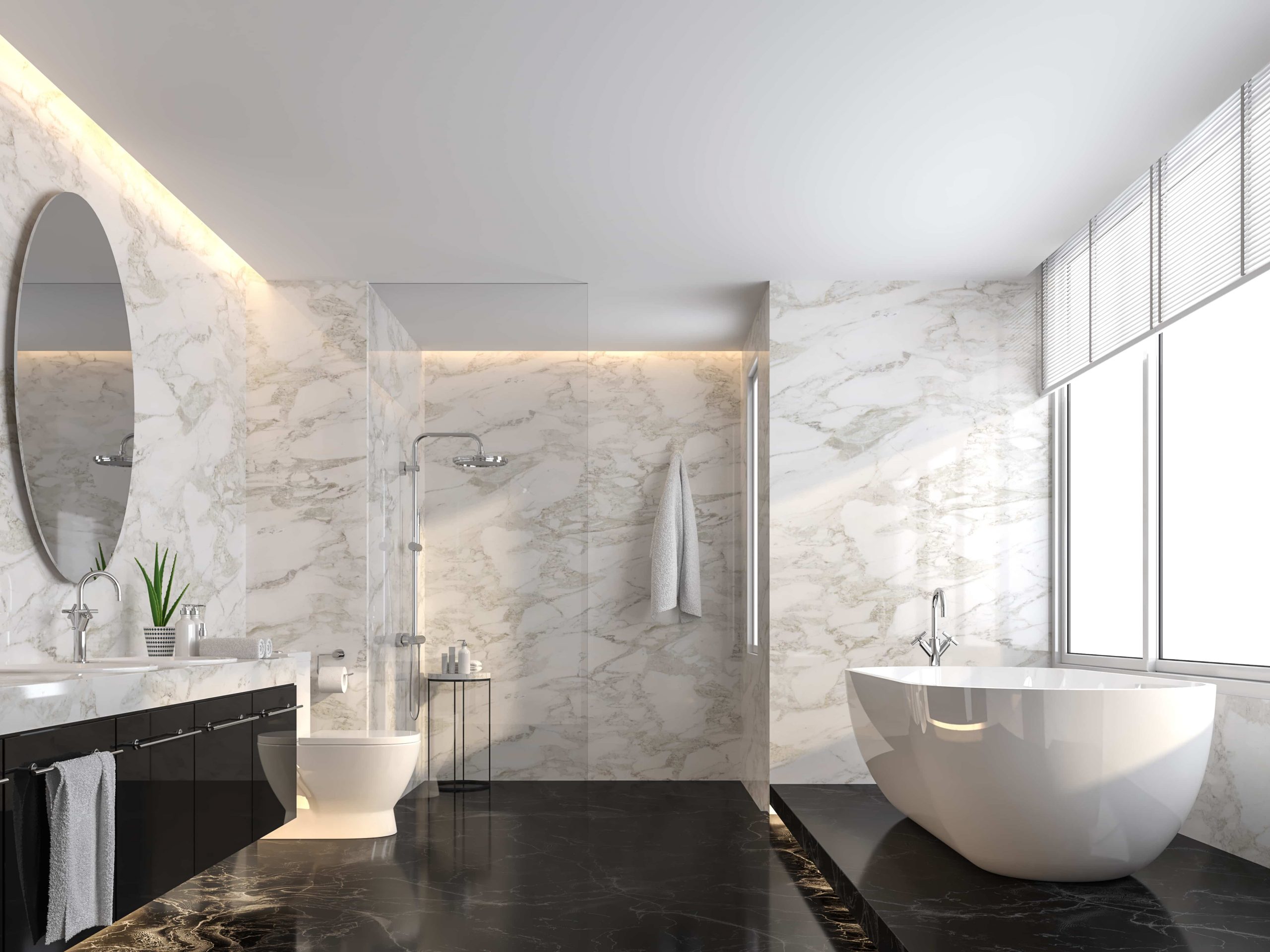  Save Download Preview Luxury bathroom with black marble floor and white marble wall 3d render,The room has a clear glass shower partition,There are large windows natural light shining into the room. With LArch soaking tub.