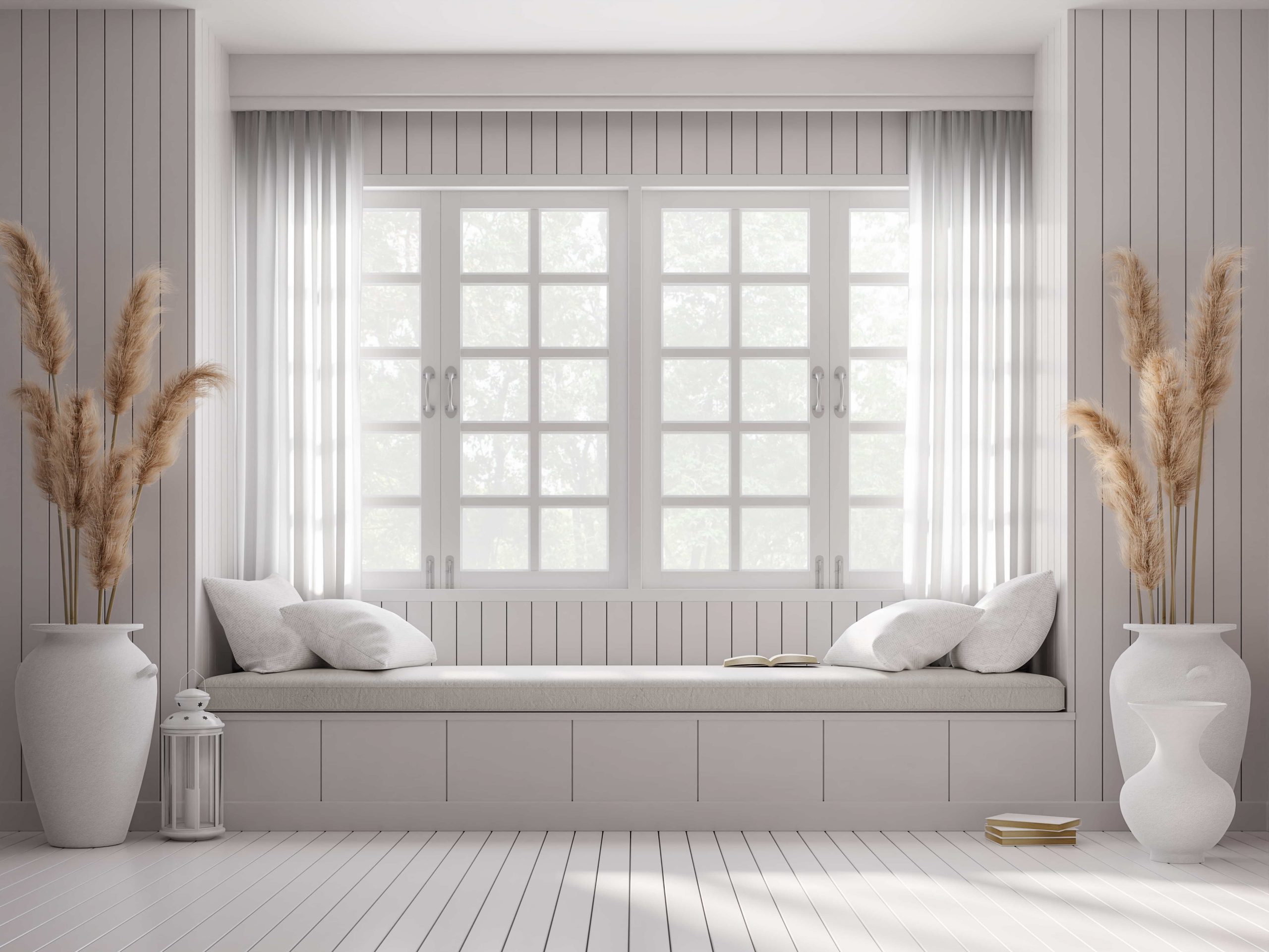  Save Download Preview Vintage style window seat 3d render.There are white wood plank wall and floor Decorated with big white jar with dry reed flower. Large windows looking out to see nature with curtains.